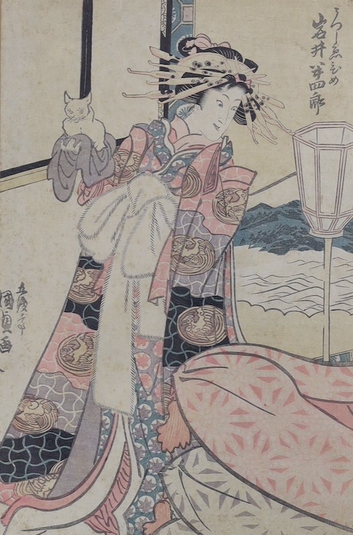 Utagawa Kunisada (1786-1865), woodblock print, Geisha holding a cat, 35 x 23cm